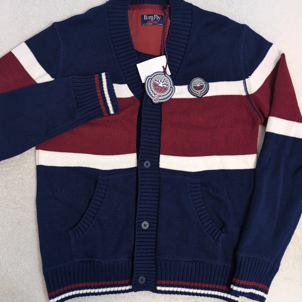 NEW Born‎ Fly Cardigan Sweater Mens M Elbow Patch Shawl Collar Red White Blue